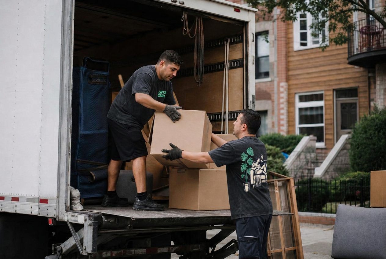 Movers loading boxes and furniture into a moving truck