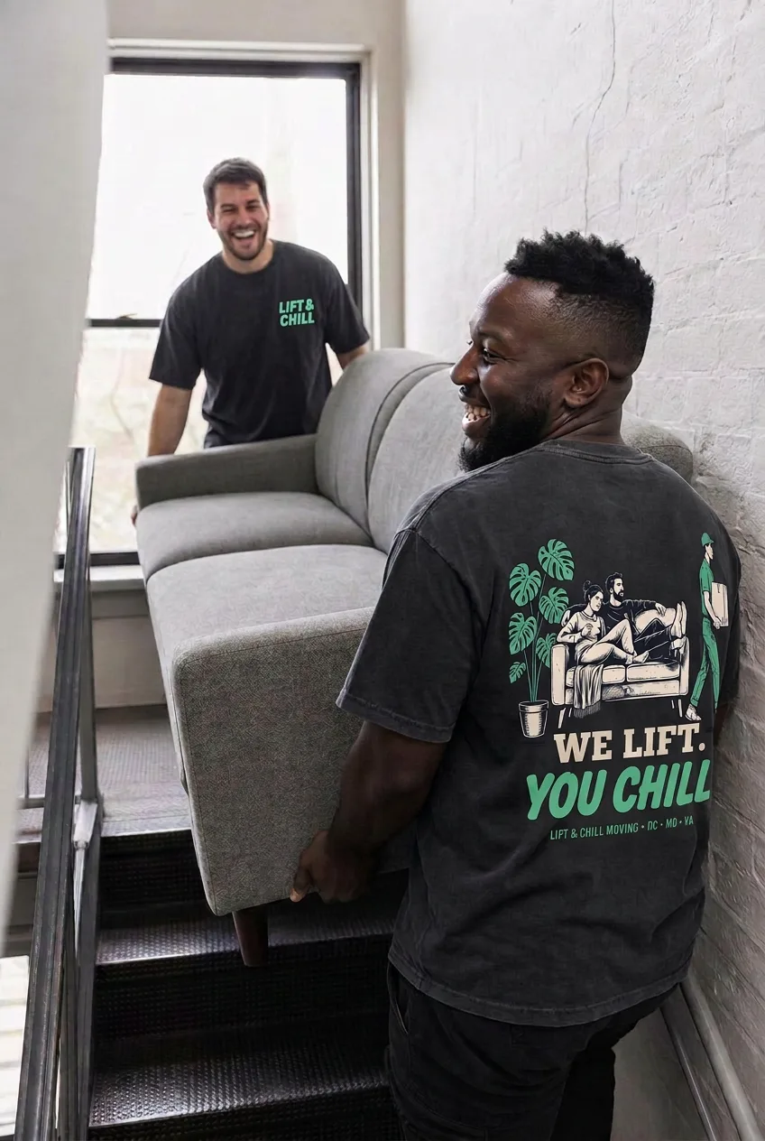 Friendly Lift & Chill mover carrying a moving box at an apartment doorway